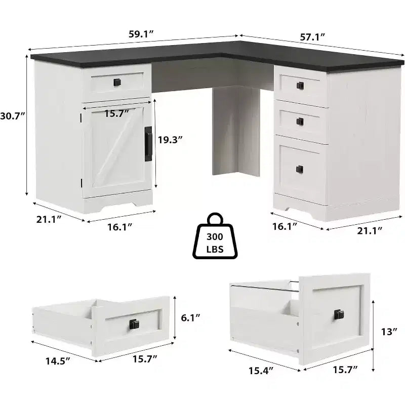Bureau d'angle style ferme de 60 pouces en L - Tiroirs de classement et meuble de rangement, bureau d'ordinateur d'angle pour bureau à domicile