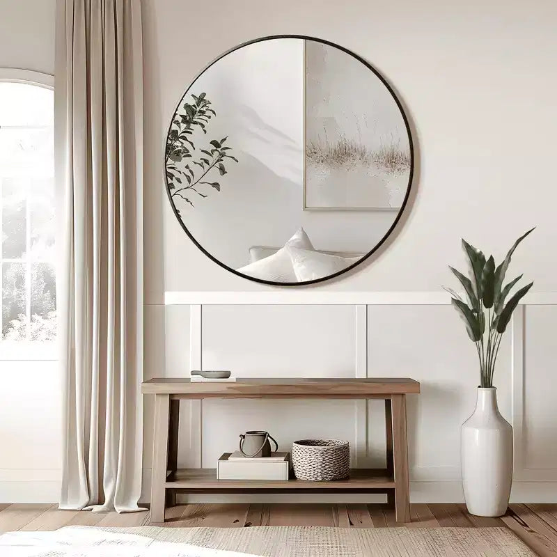 MAYEERTY Hanging Mirror Aluminum Alloy Thin Edge Black Round 35x35x1in