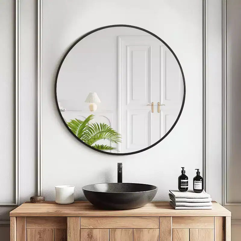 MAYEERTY Hanging Mirror Aluminum Alloy Thin Edge Black Round 35x35x1in