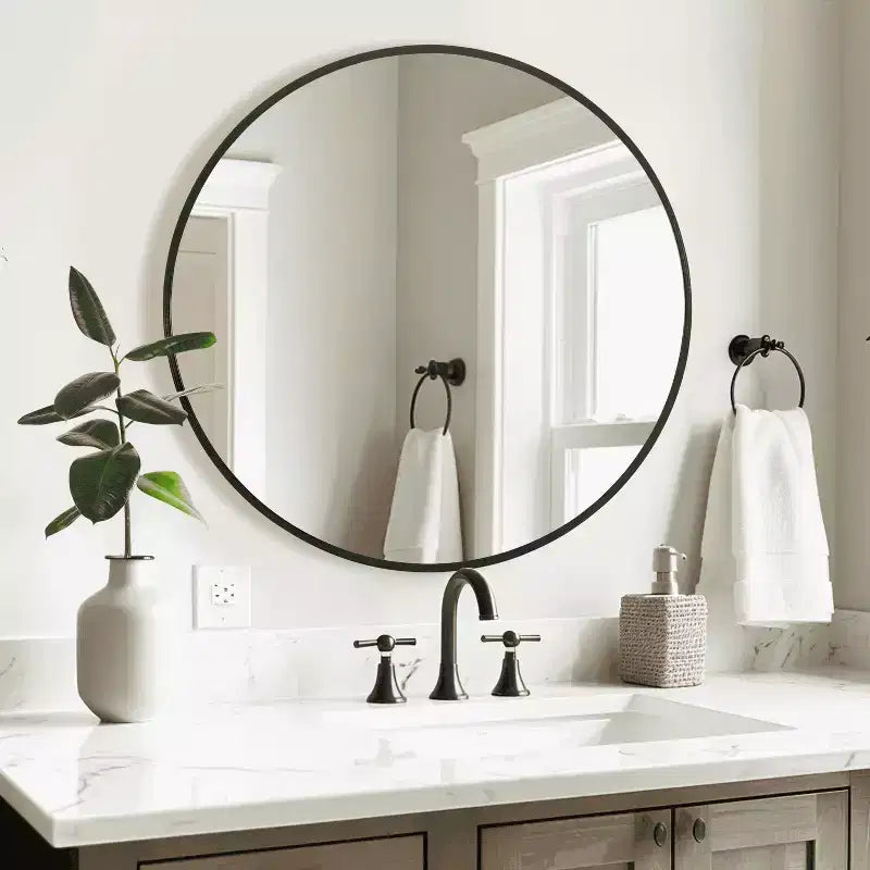 MAYEERTY Hanging Mirror Aluminum Alloy Thin Edge Black Round 35x35x1in