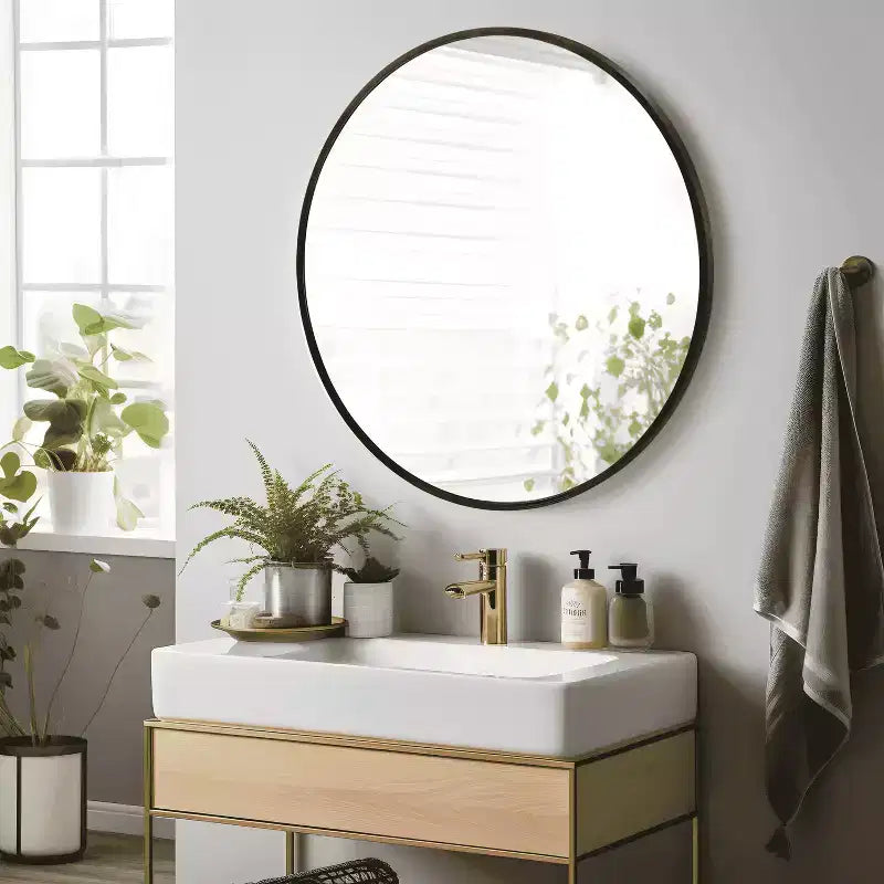 MAYEERTY Hanging Mirror Aluminum Alloy Thin Edge Black Round 35x35x1in