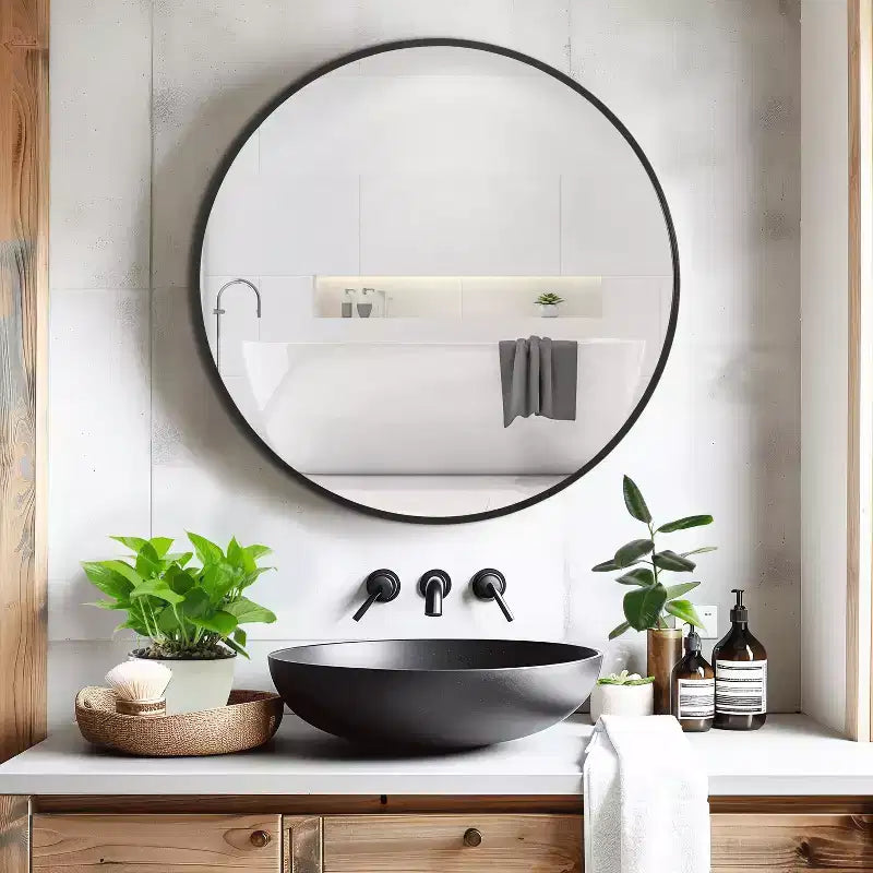 MAYEERTY Hanging Mirror Aluminum Alloy Thin Edge Black Round 35x35x1in
