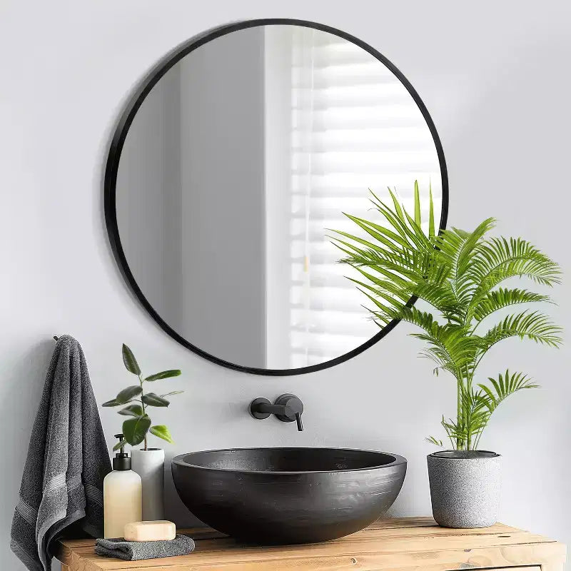 MAYEERTY Hanging Mirror Aluminum Alloy Thin Edge Black Round 35x35x1in