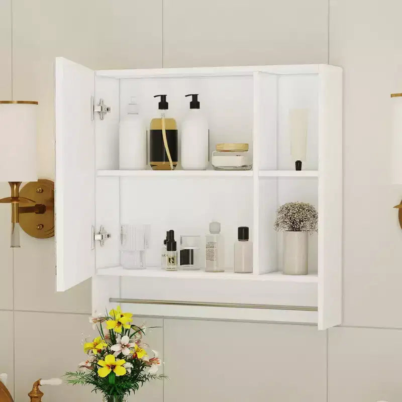 Meuble haut de salle de bain Okak avec miroir, meuble de rangement au-dessus des toilettes, armoire murale avec étagères, armoire à pharmacie avec porte-serviettes, blanc