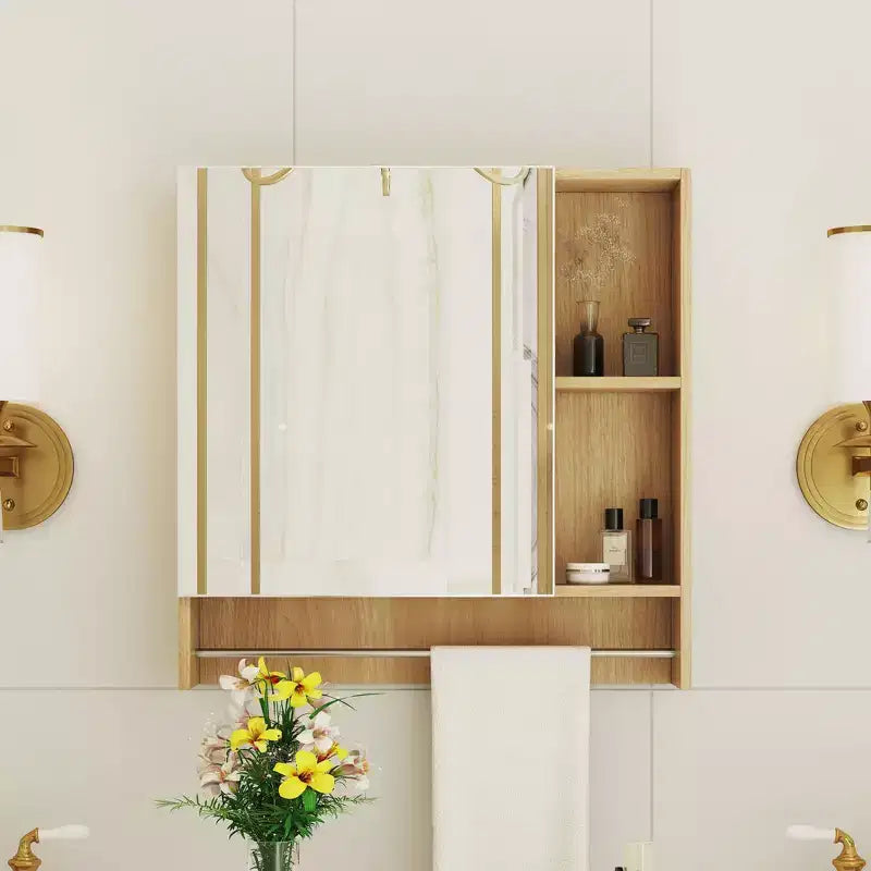 Meuble haut de salle de bain Okak avec miroir, meuble de rangement au-dessus des toilettes, armoire murale avec étagères, armoire à pharmacie avec porte-serviettes, blanc