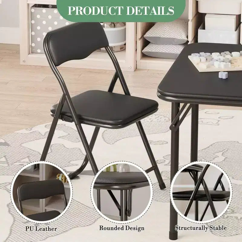 COZONY Ensemble table et chaises pliantes 3 pièces pour enfants, coussin PU, Noir/Beige/Gris