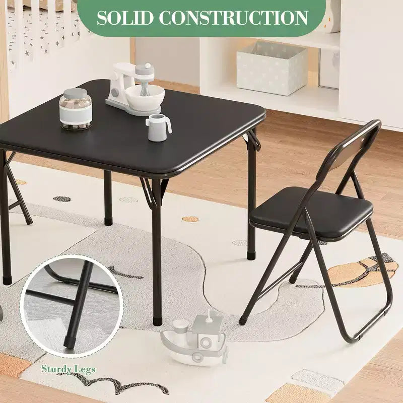 COZONY Ensemble table et chaises pliantes 3 pièces pour enfants, coussin PU, Noir/Beige/Gris