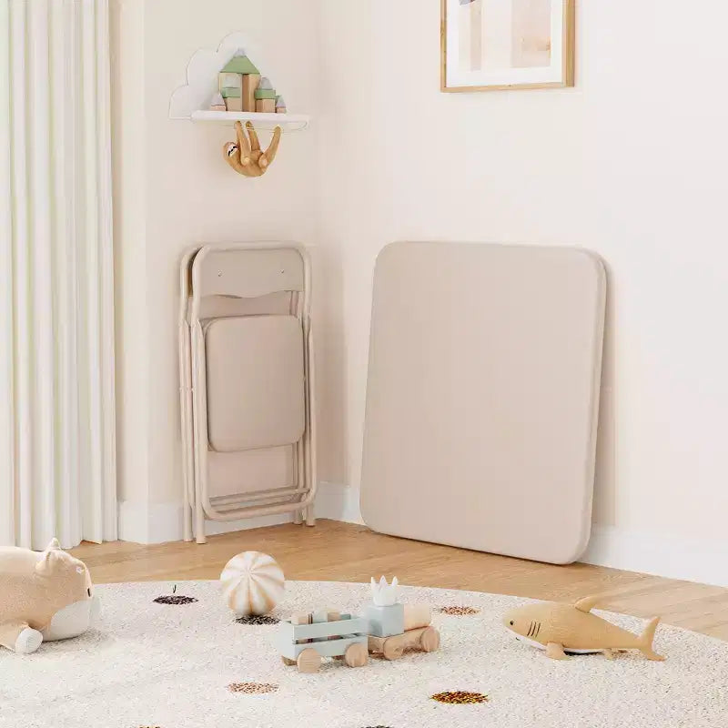 COZONY Ensemble table et chaises pliantes 3 pièces pour enfants, coussin PU, Noir/Beige/Gris
