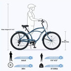 Vélo de plage NAYSAYE 7 vitesses pour femmes, cadre en acier de 26 pouces pour des trajets urbains confortables, bleu, 69,96*28,32*43,2