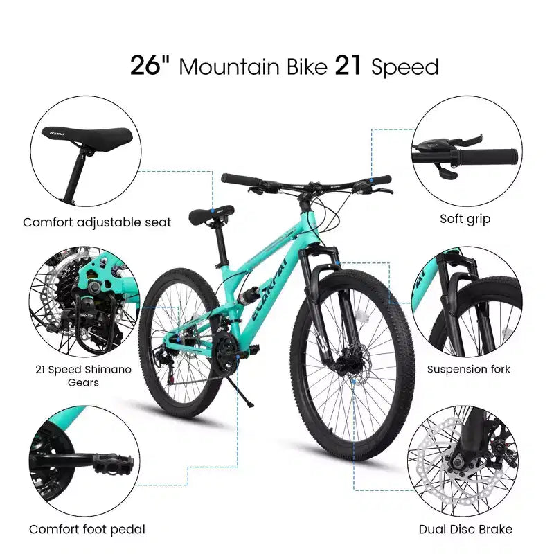 NAYSAYE 26 Inch Mountain Bike Steel Frame 21 Speed Suspension Fork Adult Bike for Outdoor Riding, Blue, 68.00*27.00*38.00