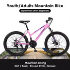 NAYSAYE Bicycle 24 Inch Mountain Bike with 21 Speed Shifter Dual Disc Brakes for Teenagers and Women, Pink, 66*24.8*35