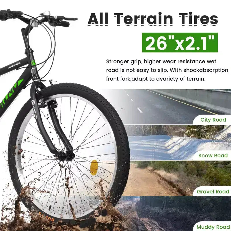 NAYSAYE 26 Inch Mountain Bike with Carbon Steel Frame 21 Speed Dual V Brakes for Adults and Teens for Trail Riding, Black and Green, 69.57*27*39