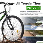 NAYSAYE 26 Inch Mountain Bike with Carbon Steel Frame 21 Speed Dual V Brakes for Adults and Teens for Trail Riding, Black and Green, 69.57*27*39
