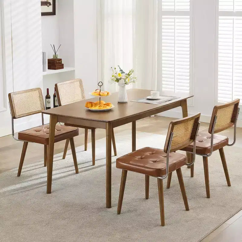 Mid Century Natural Rattan Dining Chairs Set of 4, Velvet Upholstered Kitchen Chairs with Tall Cane Backrest and Strong Wood Legs