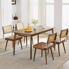Mid Century Natural Rattan Dining Chairs Set of 4, Velvet Upholstered Kitchen Chairs with Tall Cane Backrest and Strong Wood Legs
