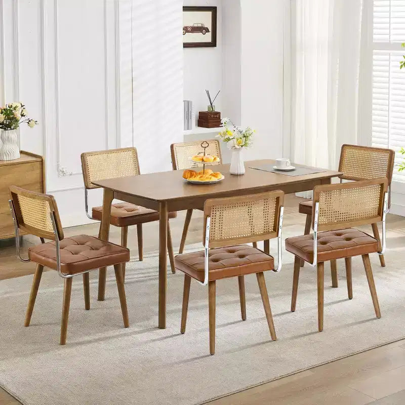 Lot de 4 chaises de salle à manger en rotin naturel du milieu du siècle, chaises de cuisine rembourrées en velours avec dossier haut en cannage et pieds en bois robustes