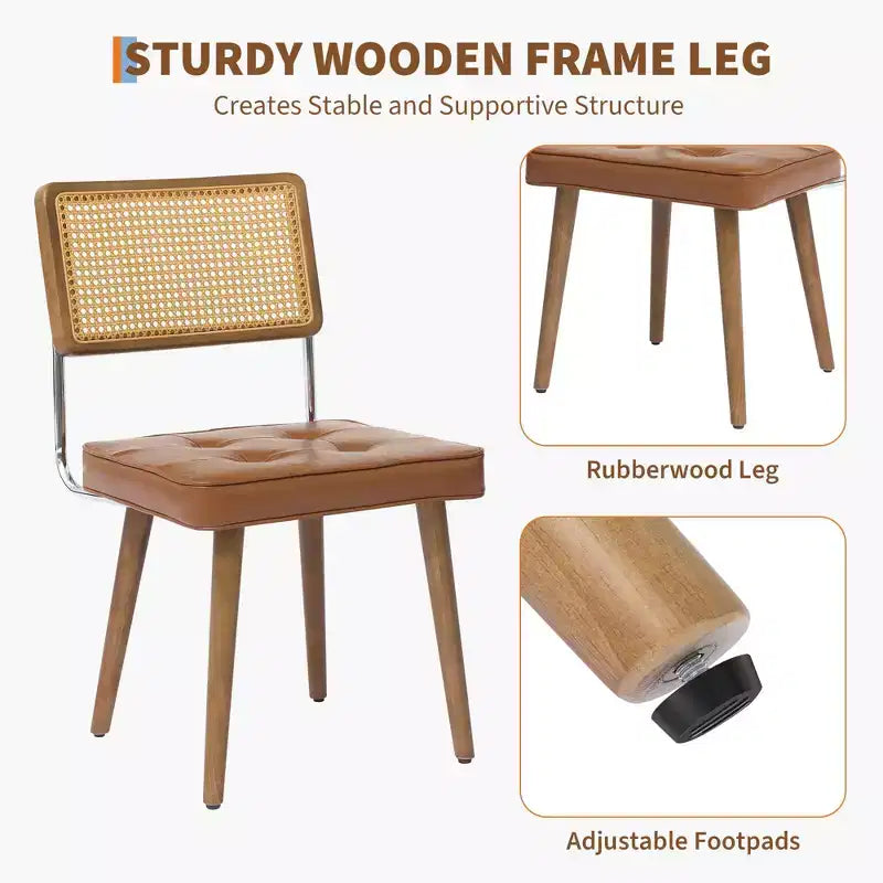 Lot de 4 chaises de salle à manger en rotin naturel du milieu du siècle, chaises de cuisine rembourrées en velours avec dossier haut en cannage et pieds en bois robustes