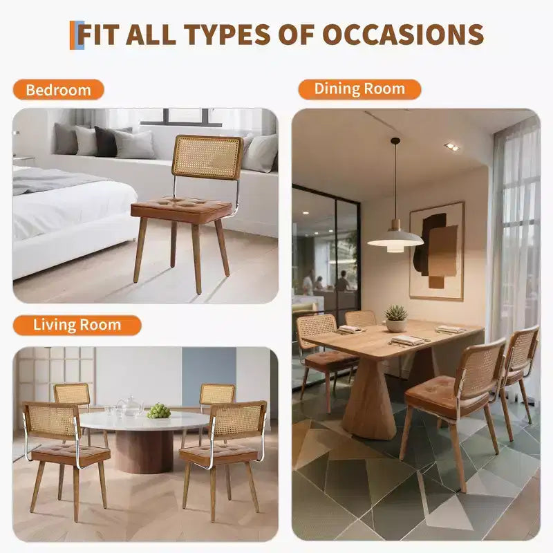 Lot de 4 chaises de salle à manger en rotin naturel du milieu du siècle, chaises de cuisine rembourrées en velours avec dossier haut en cannage et pieds en bois robustes