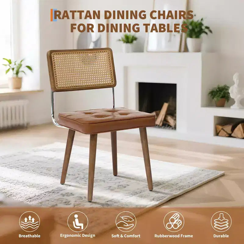 Lot de 4 chaises de salle à manger en rotin naturel du milieu du siècle, chaises de cuisine rembourrées en velours avec dossier haut en cannage et pieds en bois robustes