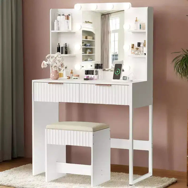 Panneau de particules blanc plaqué en mélaminé texturé, étagère à 4 niveaux et 2 tiroirs, avec 10 ampoules dimmables tricolores, Ensemble de coiffeuse