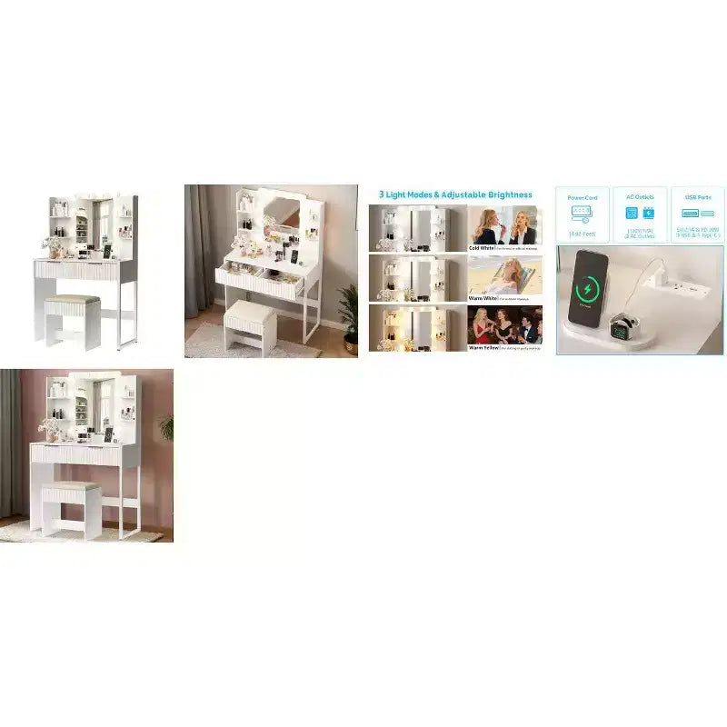Panneau de particules blanc plaqué en mélaminé texturé, étagère à 4 niveaux et 2 tiroirs, avec 10 ampoules dimmables tricolores, Ensemble de coiffeuse