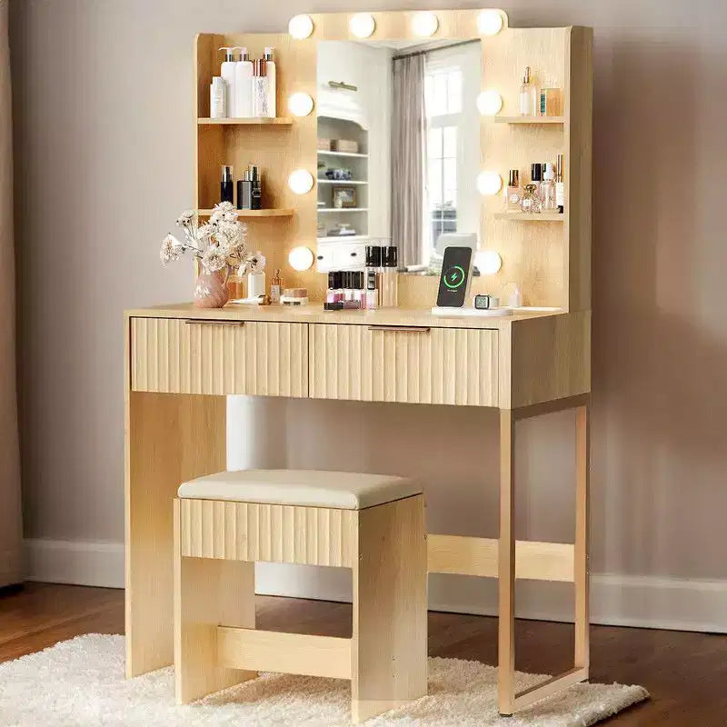 Panneau de particules blanc plaqué en mélaminé texturé, étagère à 4 niveaux et 2 tiroirs, avec 10 ampoules dimmables tricolores, Ensemble de coiffeuse