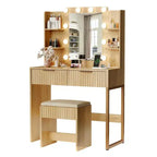 White Particle Board Veneered with Textured Melamine, 2-drawer 4-tier Shelf, comes with 10 Three-color Dimmable Bulbs, Dressing Table Set