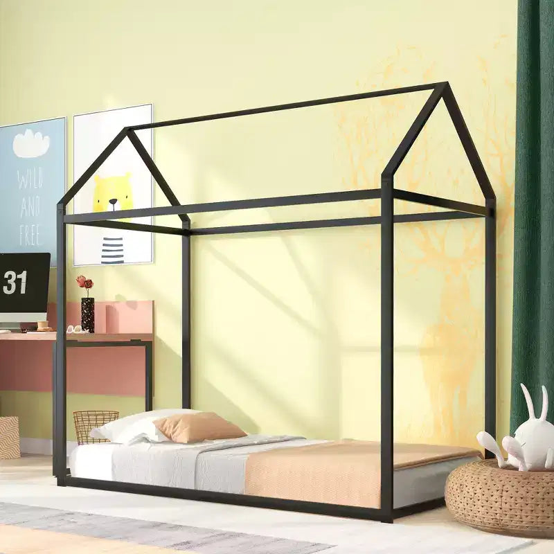 Bellemave Twin House Bed for Kids, Montessori Floor Bed Kids Bed Frame Metal Platform Bed Floor Bed for Kids Boys Girls,Black