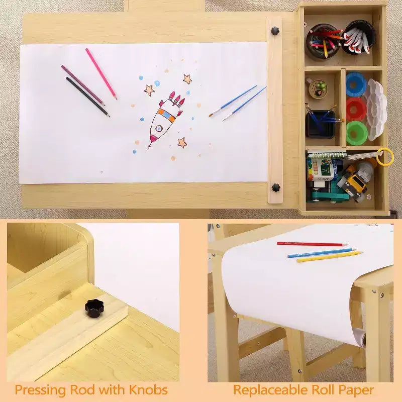 Kids Art Table with 2 Chairs, Toddler Craft Play Wood Activity Desk with Large Storage Shelves for Writing Drawing
