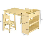 Kids Art Table with 2 Chairs, Toddler Craft Play Wood Activity Desk with Large Storage Shelves for Writing Drawing
