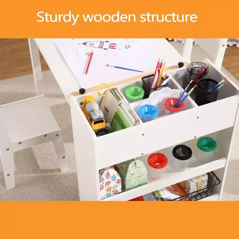 Kids Art Table with 2 Chairs, Toddler Craft Play Wood Activity Desk with Large Storage Shelves for Writing Drawing