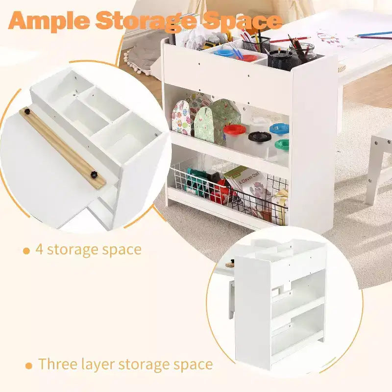 Kids Art Table with 2 Chairs, Toddler Craft Play Wood Activity Desk with Large Storage Shelves for Writing Drawing