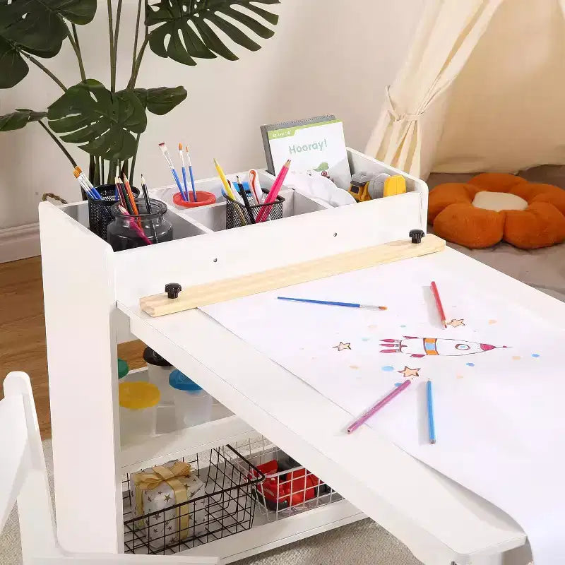 Kids Art Table with 2 Chairs, Toddler Craft Play Wood Activity Desk with Large Storage Shelves for Writing Drawing