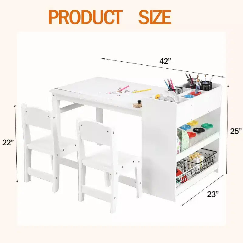 Kids Art Table with 2 Chairs, Toddler Craft Play Wood Activity Desk with Large Storage Shelves for Writing Drawing