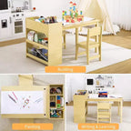 Kids Art Table with 2 Chairs, Toddler Craft Play Wood Activity Desk with Large Storage Shelves for Writing Drawing