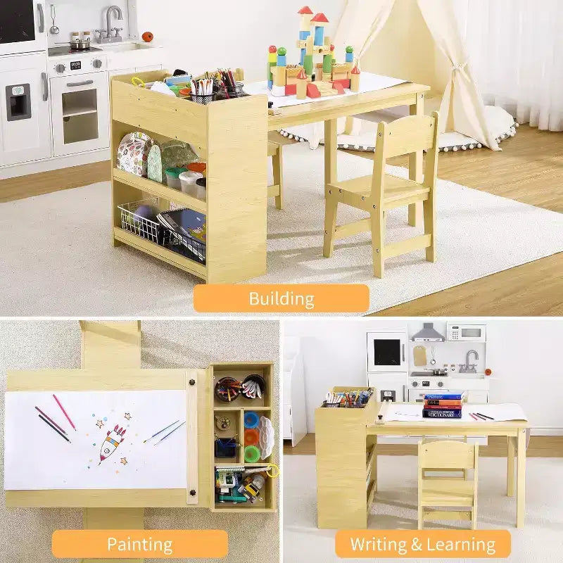 Kids Art Table with 2 Chairs, Toddler Craft Play Wood Activity Desk with Large Storage Shelves for Writing Drawing