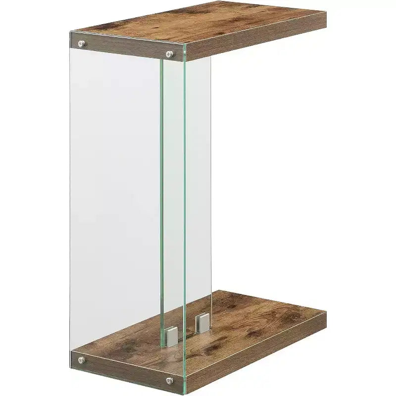 HomeStock Belmont C Shaped End Table with Clear Glass Panels, Floating Shelf Design and Easy Sofa Side Convenience