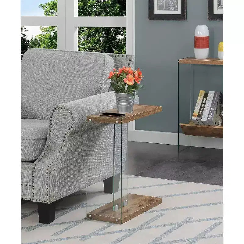 HomeStock Belmont C Shaped End Table with Clear Glass Panels, Floating Shelf Design and Easy Sofa Side Convenience