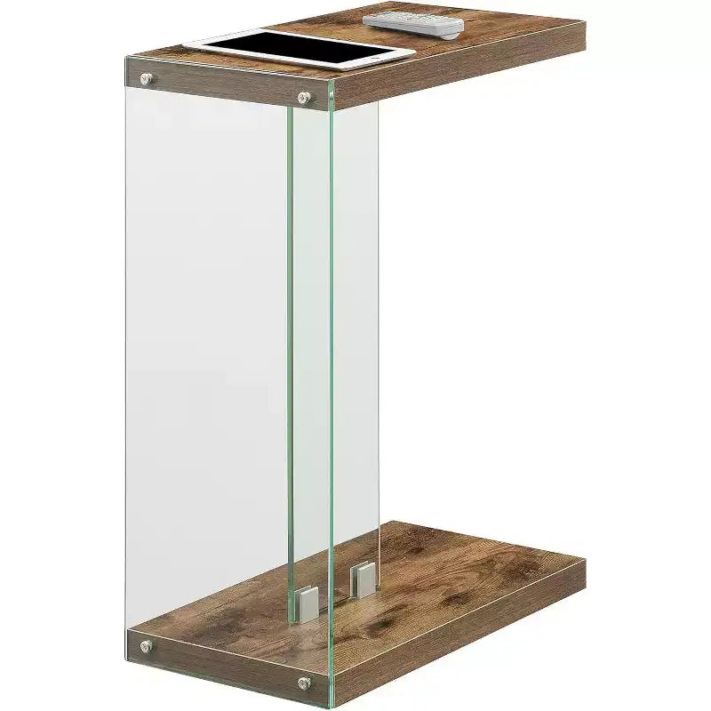HomeStock Belmont C Shaped End Table with Clear Glass Panels, Floating Shelf Design and Easy Sofa Side Convenience