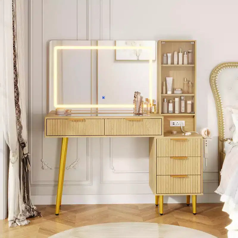 Coiffeuse avec miroir, grande coiffeuse de 122 cm avec 5 tiroirs et étagères de rangement ouvertes, coiffeuse en verre pour chambre à coucher