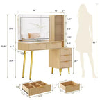 Coiffeuse avec miroir, grande coiffeuse de 122 cm avec 5 tiroirs et étagères de rangement ouvertes, coiffeuse en verre pour chambre à coucher