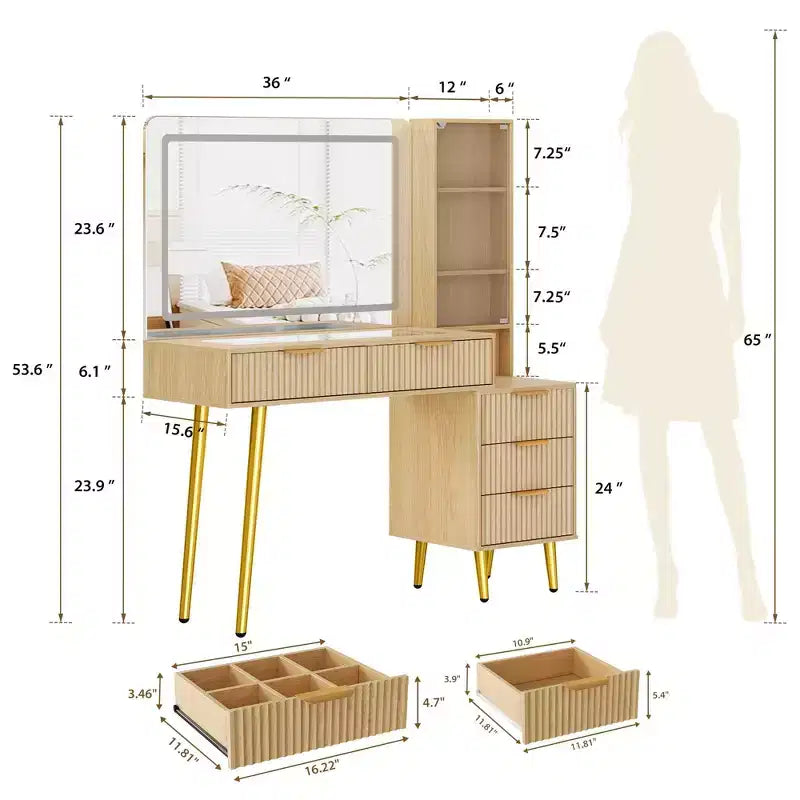 Coiffeuse avec miroir, grande coiffeuse de 122 cm avec 5 tiroirs et étagères de rangement ouvertes, coiffeuse en verre pour chambre à coucher