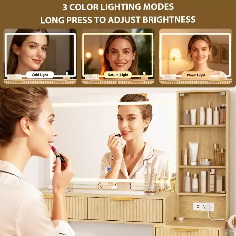 Coiffeuse avec miroir, grande coiffeuse de 122 cm avec 5 tiroirs et étagères de rangement ouvertes, coiffeuse en verre pour chambre à coucher