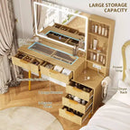Coiffeuse avec miroir, grande coiffeuse de 122 cm avec 5 tiroirs et étagères de rangement ouvertes, coiffeuse en verre pour chambre à coucher