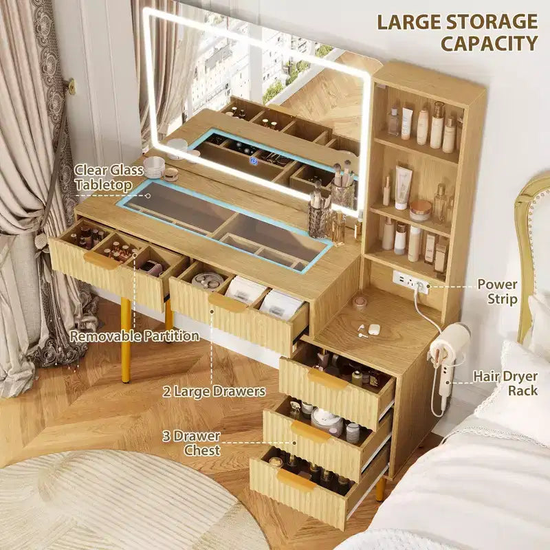 Coiffeuse avec miroir, grande coiffeuse de 122 cm avec 5 tiroirs et étagères de rangement ouvertes, coiffeuse en verre pour chambre à coucher