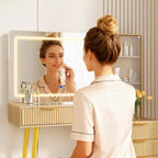 Coiffeuse avec miroir, grande coiffeuse de 122 cm avec 5 tiroirs et étagères de rangement ouvertes, coiffeuse en verre pour chambre à coucher