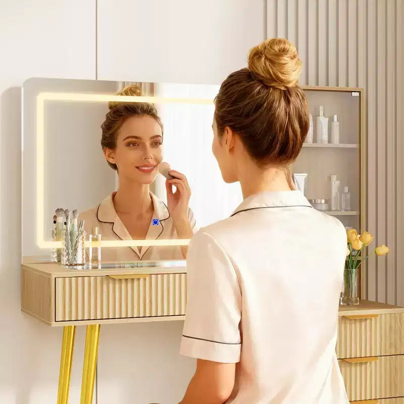 Coiffeuse avec miroir, grande coiffeuse de 122 cm avec 5 tiroirs et étagères de rangement ouvertes, coiffeuse en verre pour chambre à coucher