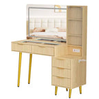 Coiffeuse avec miroir, grande coiffeuse de 122 cm avec 5 tiroirs et étagères de rangement ouvertes, coiffeuse en verre pour chambre à coucher
