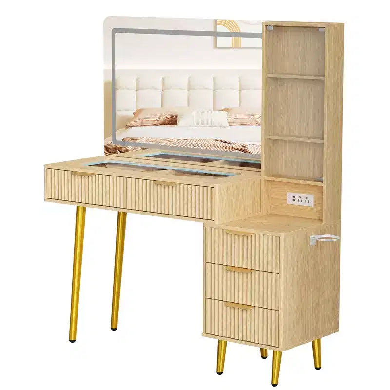 Coiffeuse avec miroir, grande coiffeuse de 122 cm avec 5 tiroirs et étagères de rangement ouvertes, coiffeuse en verre pour chambre à coucher
