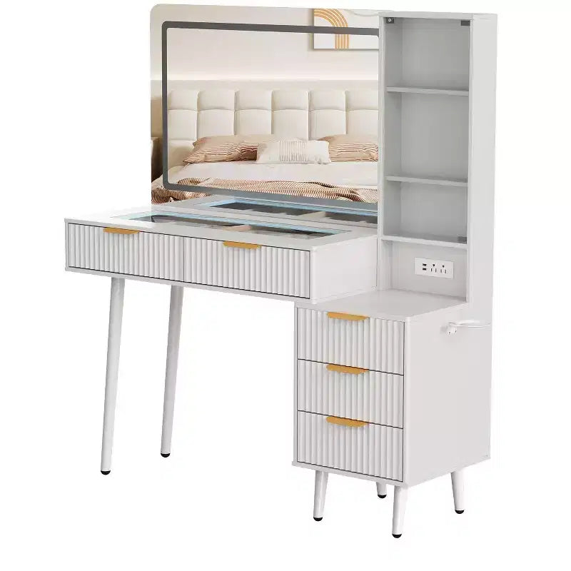 Coiffeuse avec miroir, grande coiffeuse de 122 cm avec 5 tiroirs et étagères de rangement ouvertes, coiffeuse en verre pour chambre à coucher